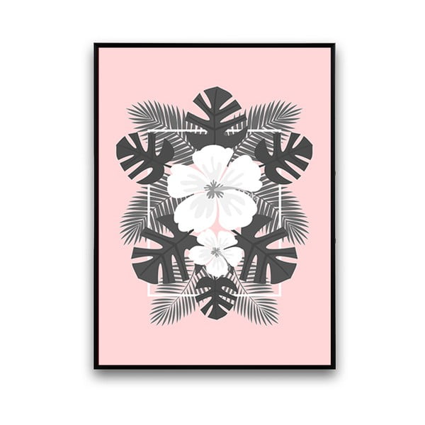 Plakát s bílými květinami, růžové pozadí, 30 x 40 cm