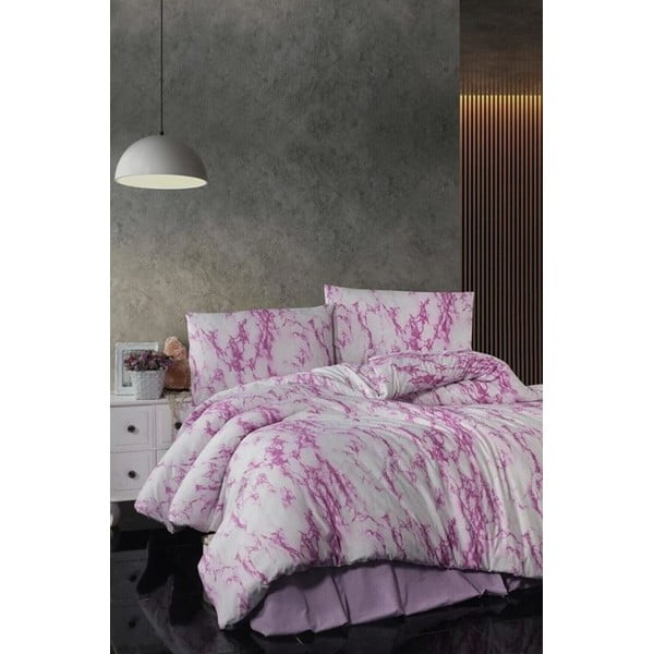 Valge-roosa puuvillane pikendatud voodipesu kaheinimesevoodile koos linaga 200x220 cm - Mila Home