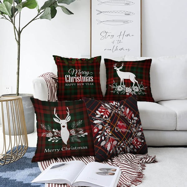 Komplekt 4 šenillist padjapüürilehtedest Tartan Merry Christmas, 55 x 55 cm. - Minimalist Cushion Covers