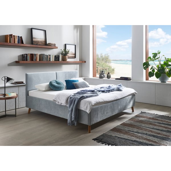 Helesinine polsterdatud kaheinimesevoodi liistudest raamiga 180x200 cm Piano - Meise Möbel-image-1