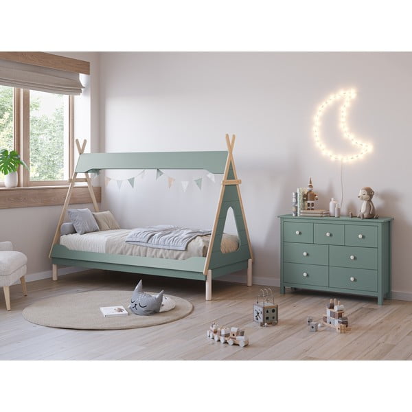 Petrooleumivärvi männipuidust lastevoodi 90x190 cm Nora - Marckeric-image-1