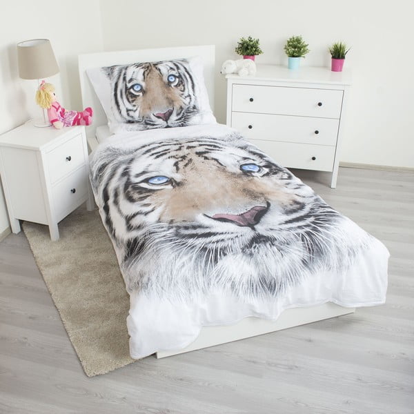 Valge-hall puuvillane laste voodipesu 140x200 cm White Tiger - Jerry Fabrics-image-1