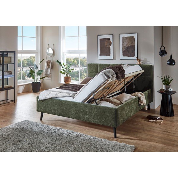 Khaki värvi polsterdatud kaheinimesevoodi panipaigaga ja liistudest raamiga 180x200 cm Nova - Meise Möbel-image-2