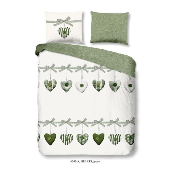 Zeleno-bílé povlečení na dvoulůžko z bavlny Good Morning Hearts, 200 x 240 cm