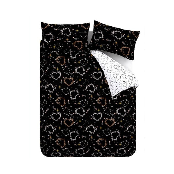 Must-valge voodipesu kaheinimesevoodile 200x200 cm Cosmic Hearts and Stars - Catherine Lansfield-image-2