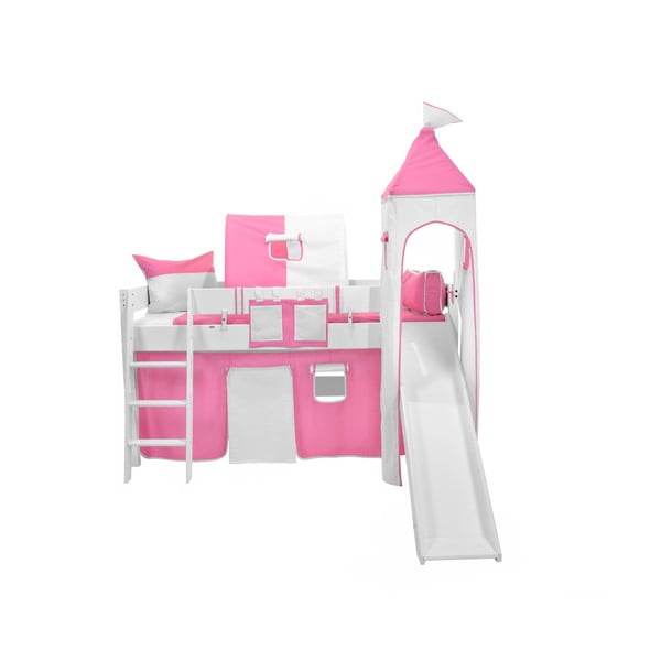 Dětská bílá patrová postel se skluzavkou a růžovo-bílým hradním bavlněným setem Mobi furniture Luk, 200 x 90 cm