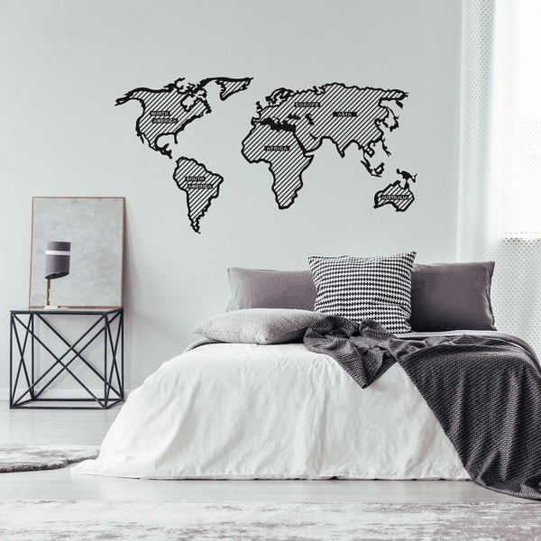 Černá kovová nástěnná dekorace World Map In The Stripes, 120 x 65 cm