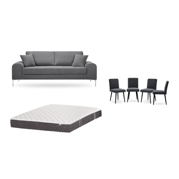 Set třímístné šedé pohovky, 4 antracitově šedých židlí a matrace 160 x 200 cm Home Essentials