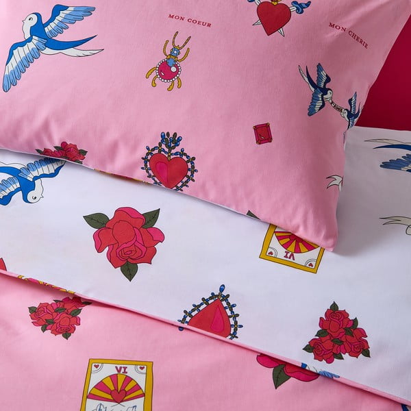 Valge/roosa puuvillane pikendatud voodipesu kaheinimesevoodile 230x220 cm Mon Coeur - Their Nibs-image-4