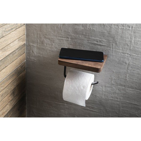 Pruun puidust seinale paigaldatav WC-paberihoidja koos riiuliga - Sapho-image-2