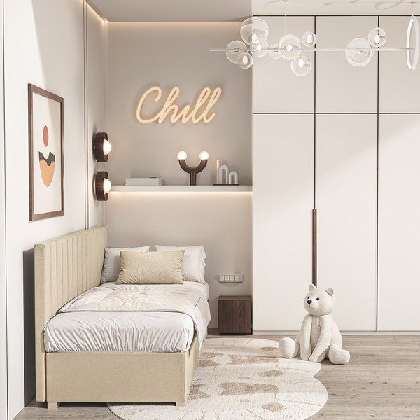 Beež lastevoodi koos madratsiga koos hoiuruumiga 90x200 cm Chill – Ghado-image-1