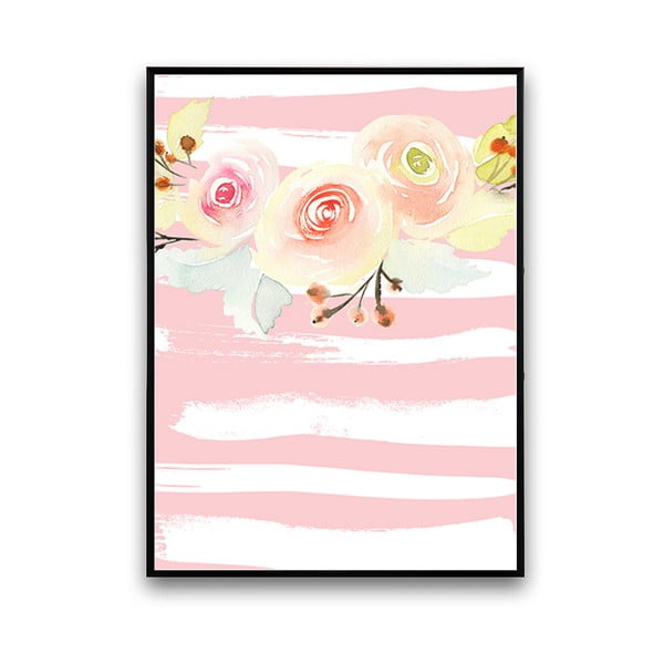 Plakát s květinami, bílo-růžové pruhované pozadí, 30 x 40 cm