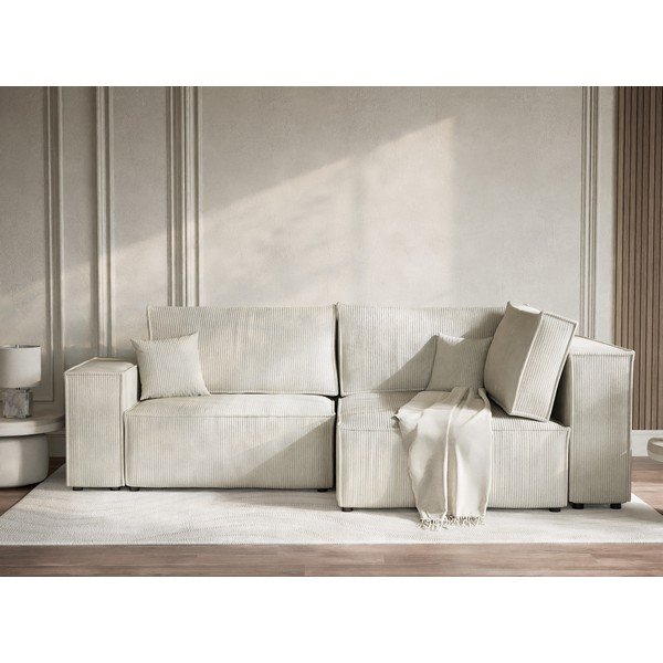 Kreemikas sametist diivanvoodi/panipaigaga nurgadiivan (parempoolne/L-kujuline) Tonga - Maison de Rêve-image-1