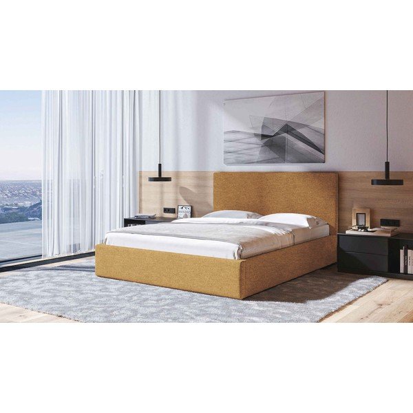 Kollane polsterdatud kaheinimesevoodi koos voodipõhja ja panipaigaga 160x200cm Bufo - MESONICA-image-1