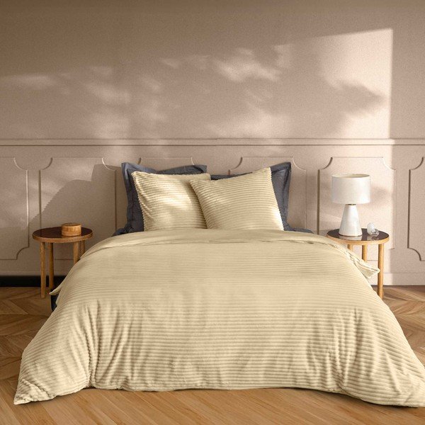 Beež 3-osaline flanellvoodipesukomplekt kaheinimesevoodile/ülipikale voodile 240x220 cm Veloutea - douceur d'intérieur-image-1