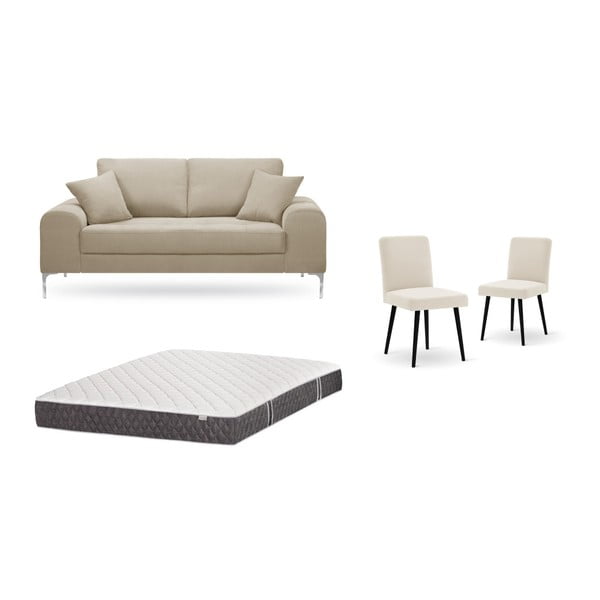 Set dvoumístné šedobéžové pohovky, 2 krémových židlí a matrace 140 x 200 cm Home Essentials