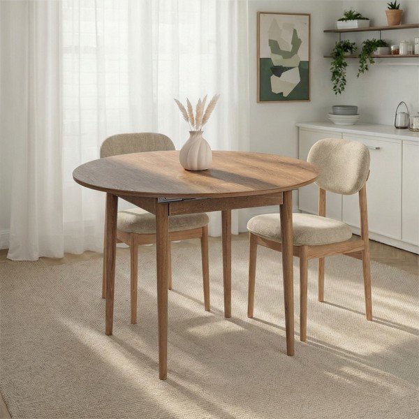 Ümmargune pikendatav söögilaud tammepuust dekooriga lisapealse pealispinnaga, ø 100 cm Viona - Kalune Design-image-2