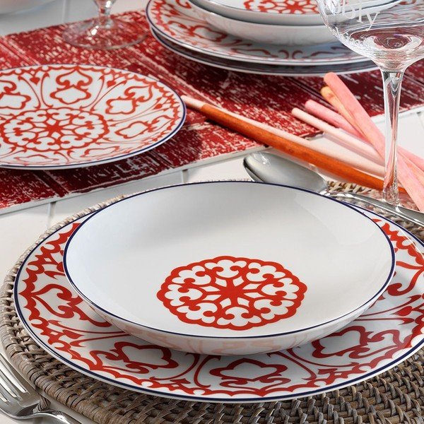 24dílný set bílého porcelánového nádobí s červeným vzorem Kütahya Porselen Desen-image-1