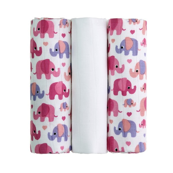 3 roosa elevandi riidest mähkmete komplekt, 70 x 70 cm. Pink elephants - T-TOMI