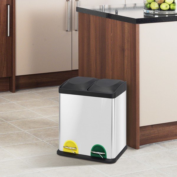 Matt hõbedane terasest prügikast 2x20 l sorteeritud jäätmete jaoks/pedaaliga Tri Selectif - MSV-image-1