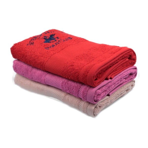 Sada růžového, červeného a světle růžového ručníku Beverly Hills Polo Club Tommy Orj, 50 x 100 cm