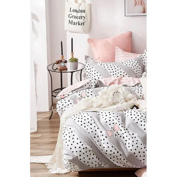 Valge-roosa pikendatud neljaosaline puuvillane voodipesu komplekt kaheinimesevoodile koos linaga 200x220 cm Bow and Polka-Dot - Mila Home-image-3