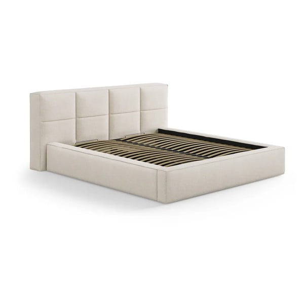 Kreem polsterdatud kaheinimesevoodi panipaiga ja liistudest raamiga 180x200 cm Simon Darren - Micadoni