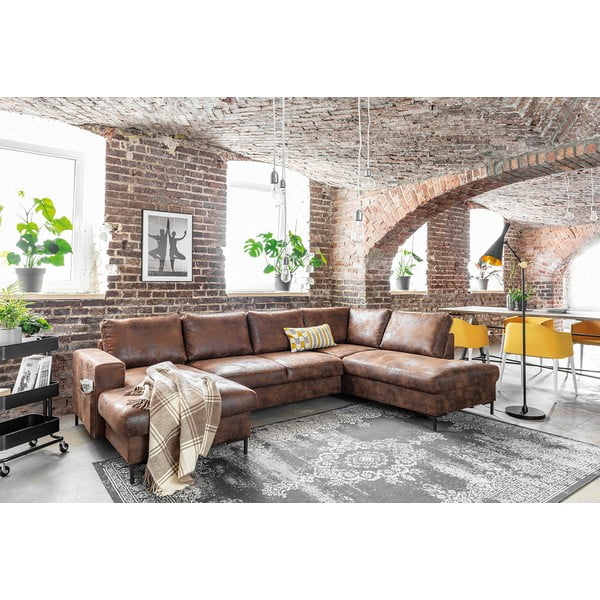 Pruun U-kujuline diivanvoodi kunstnahast Vintage, paremas nurgas Lofty Lilly - Miuform-image-4