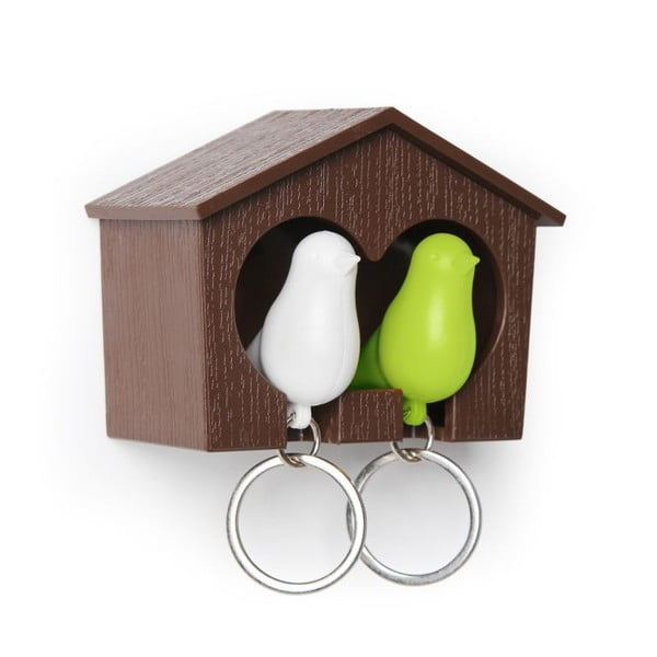 Budka s klíčenkami QUALY Duo Sparrow, hnědá budka/bílá+zelená klíčenka
