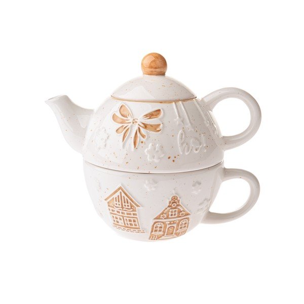 Valge keraamiline teekomplekt jõulumustriga Christmas cottage – Dakls