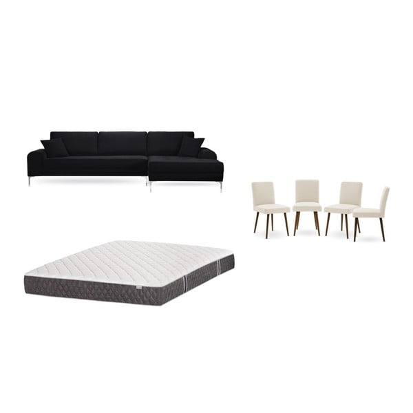 Set černé pohovky s lenoškou vpravo, 4 krémových židlí a matrace 160 x 200 cm Home Essentials