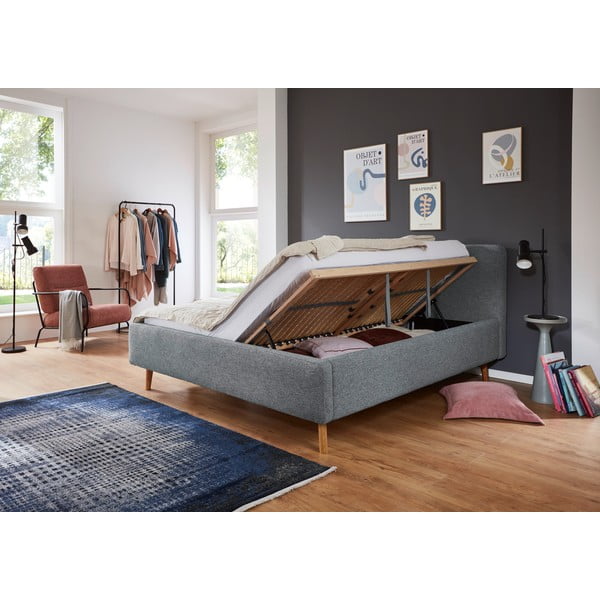 Sinine-hall polsterdatud kaheinimesevoodi koos voodipõhja ja panipaigaga 180x200 cm Mattis - Meise Möbel-image-3