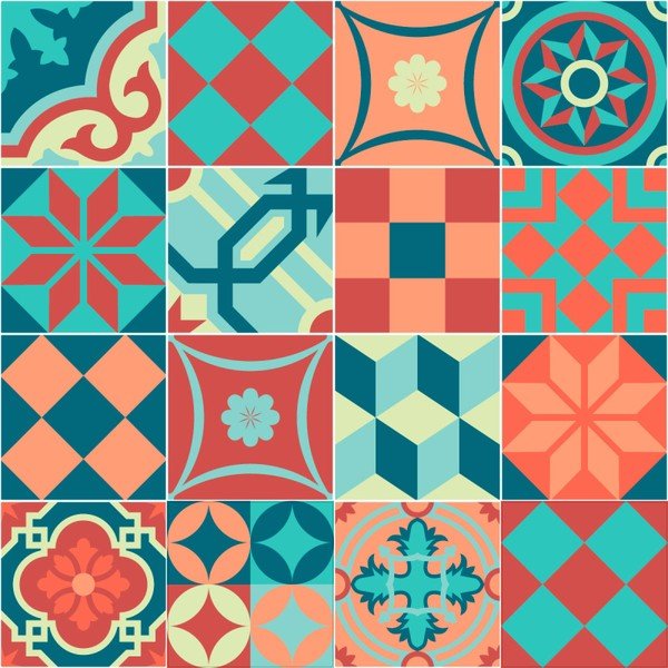 Sada 16 nástěnných samolepek Ambiance Wall Stickers Tiles Azulejos Colorful Vintage Style, 10 x 10 cm-image-1