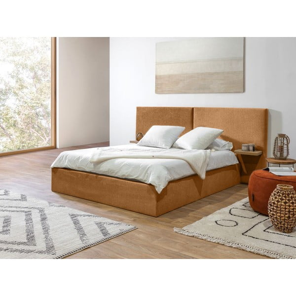 Kollane polsterdatud kaheinimese voodi, millel on riiulid 160x200 cm ja panipaik Blandine - Bobochic Paris-image-2