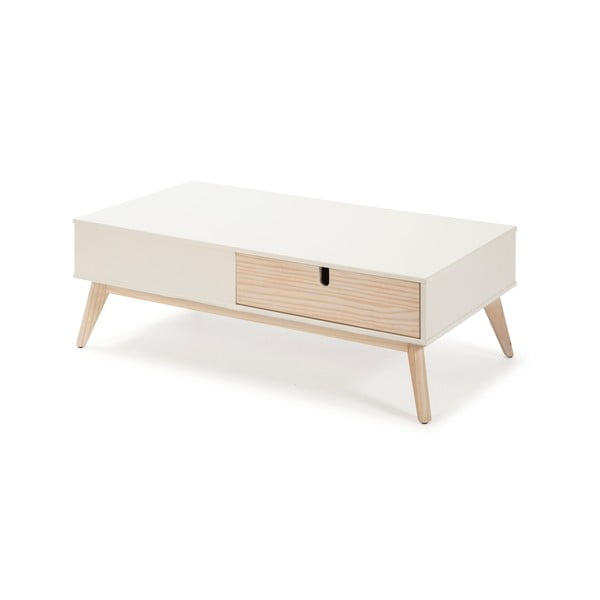 Valge kohvilaud 2 sahtli ja männipuidust jalgadega Kiara - Marckeric-image-3