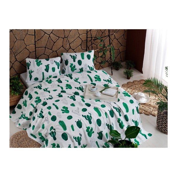 Komplekt puuvillasest voodipesust, linadest ja 2 padjapüürist, roheline, 200 x 235 cm. Kaktus - Unknown