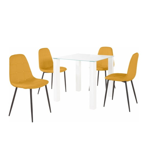 Sada jídelního stolu a 4 žlutých židlí Støraa Dante, délka stolu 80 cm