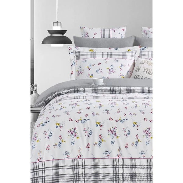 Valge-hall Renforcé puuvillane voodipesu kaheinimesevoodile koos linaga/4-osaline 200x220 cm - Mila Home-image-1