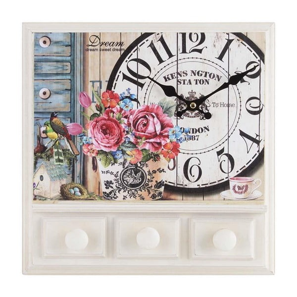 Dřevěné nástěnné hodiny Flowers s háčky, 32x32 cm