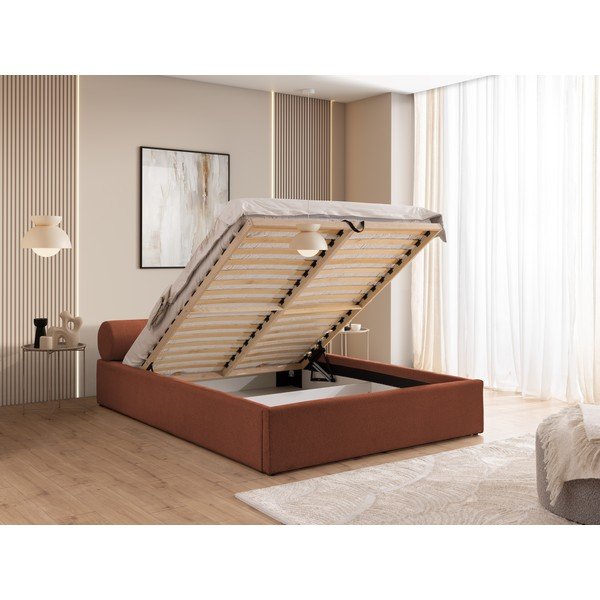 Polsterdatud kaheinimesevoodi panipaigaga, liistudest raamiga 160x200 cm terrakota värvi Cille - Ropez-image-4