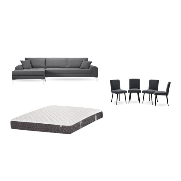 Set šedé pohovky s lenoškou vlevo, 4 antracitově šedých židlí a matrace 160 x 200 cm Home Essentials