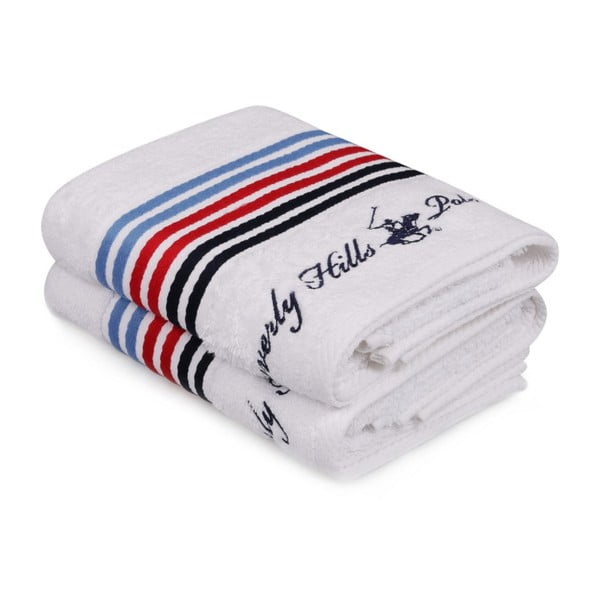Sada dvou bílých ručníků s pruhem Beverly Hills Polo Club, 90 x 50 cm