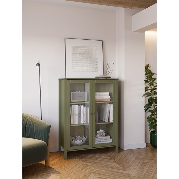 Rohelise männipuidust vitriinkapp 90x120x40 cm Alessandra - Marckeric-image-1