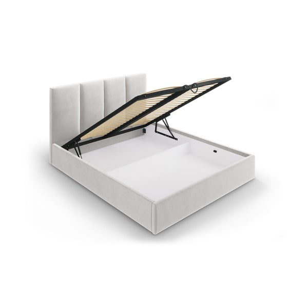 Helehall polsterdatud kaheinimese voodi, millel on riiulid 160x200 cm ja panipaik Juniper - Mazzini Beds-image-3