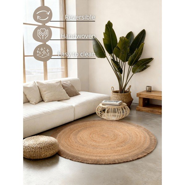 Kahepoolne/käsitsi kootud džuudist ümmargune vaip naturaalses värvitoonis ø 150 cm Nuru - Hanse Home-image-4