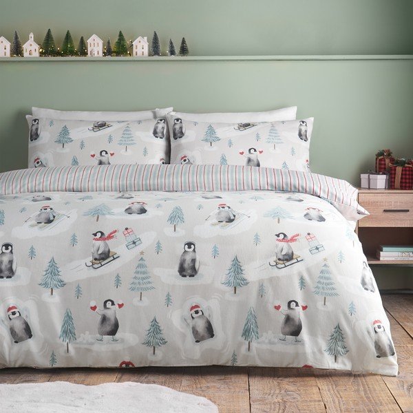 Flanellist voodipesu üheinimesevoodile naturaalses värvitoonis 135x200 cm Brushed Christmas Penguins - Catherine Lansfield