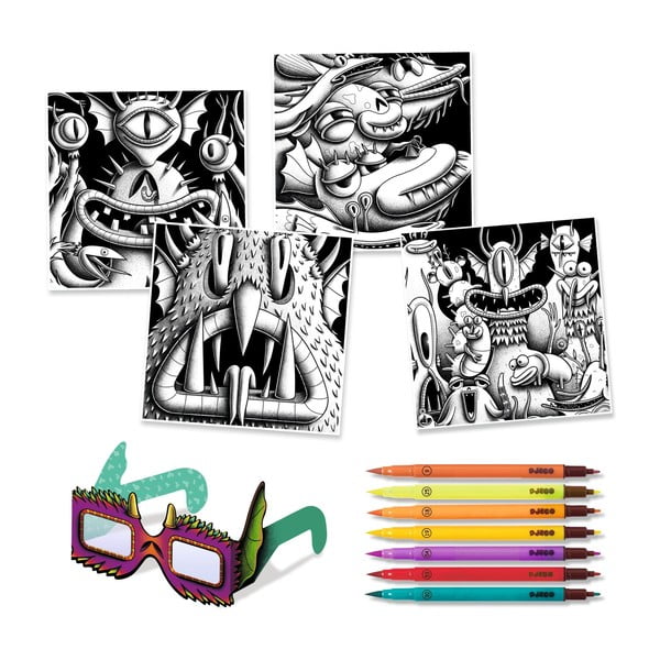 Kunstikomplekt koos 7 kalligraafiamarkeri ja 3D prillidega Monsters - Djeco