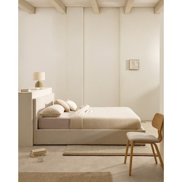 Beež polsterdatud kaheinimesevoodi koos panipaiga ja voodipõhjaga 160x200 cm Nahiri - Kave Home-image-1