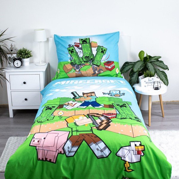 Roheline-sinine puuvillane laste voodipesu 140x200 cm Minecraft "Outdoor Mobs" - Jerry Fabrics-image-1