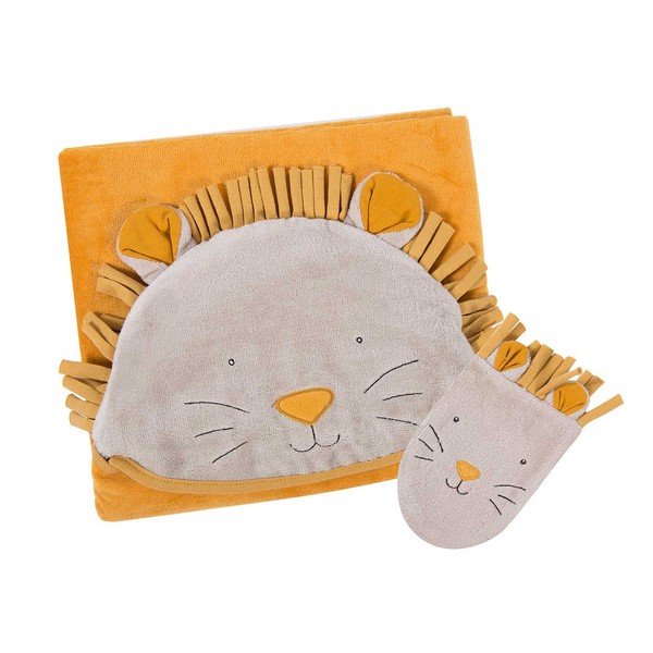 Kollane puuvillane beebirätik komplekt kapuutsiga ja pesulapp 80x114 cm Sous mon Baobab - Moulin Roty-image-1